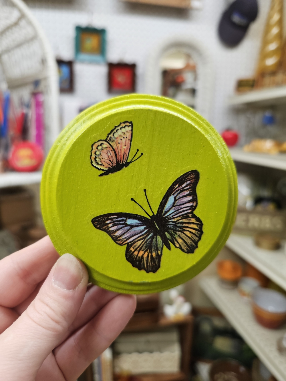 Handmade Vintage Style Chartreuse Butterfly Painted Wood Plaque Wall Art Groovy